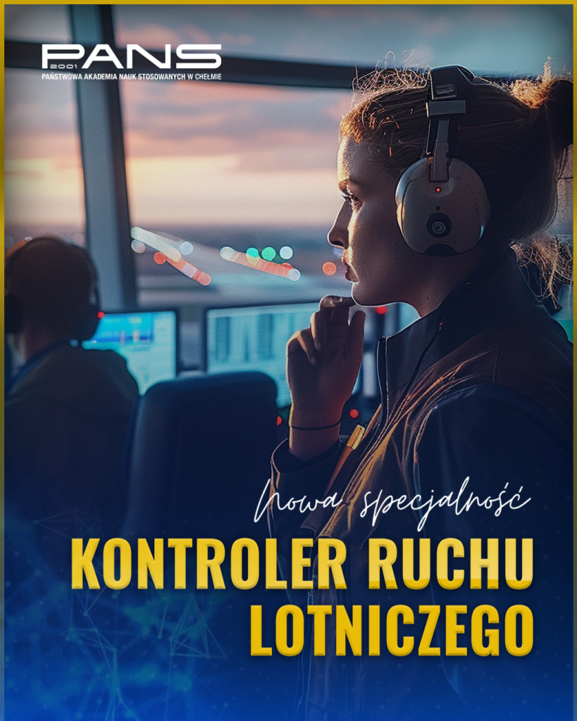 kobieta ze słuchawkami - zamyślona. na dole nowa specjalność kontroler ruchu lotniczego